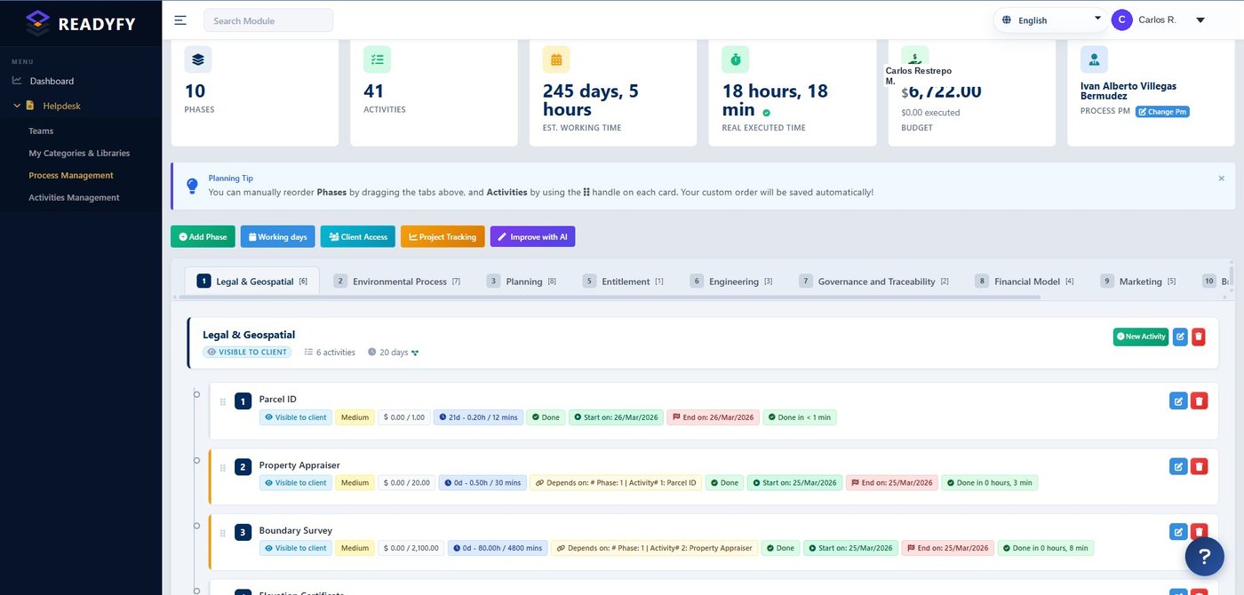 Planning board with phases, activities and Improve with AI