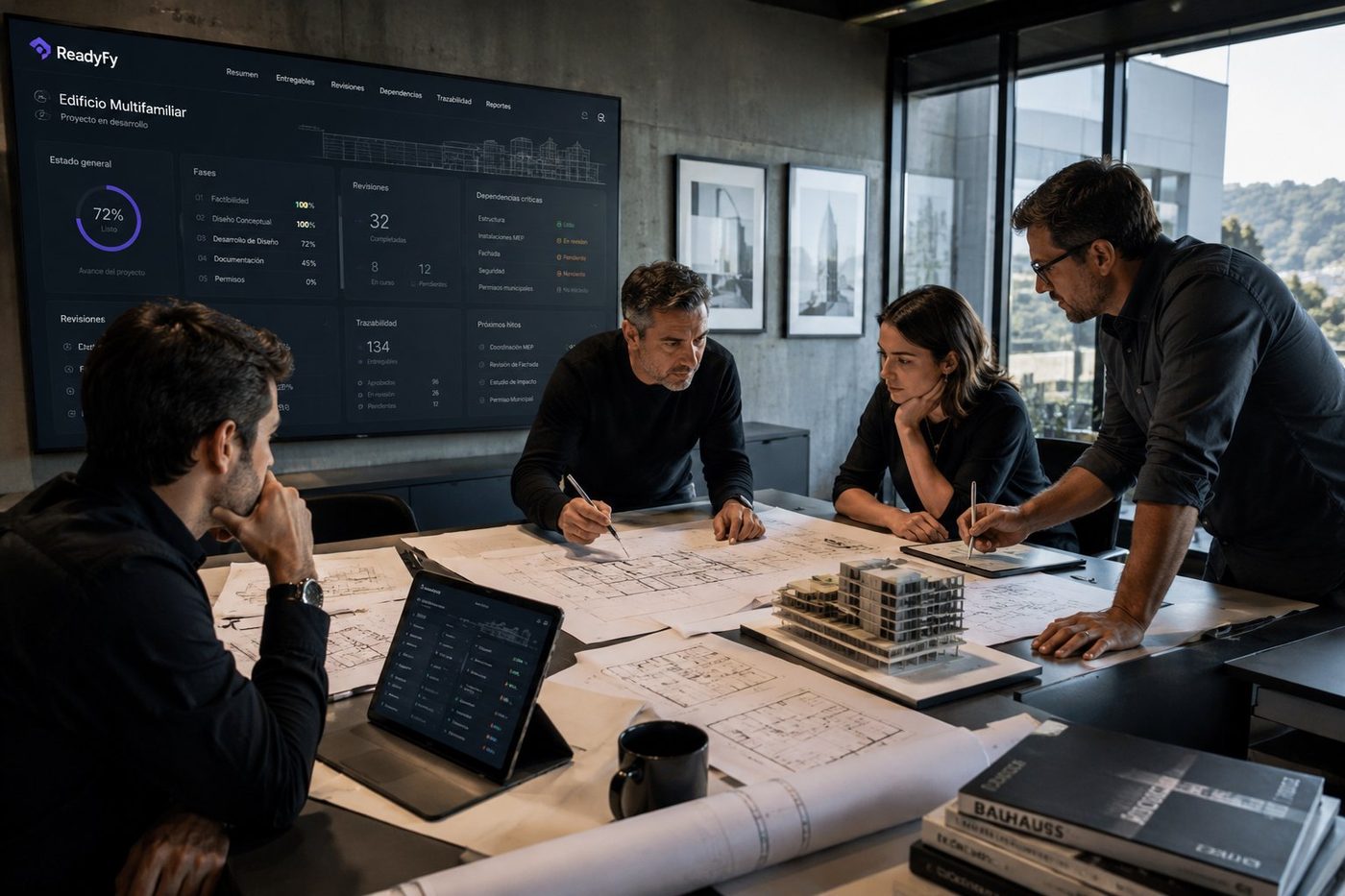 Equipo de arquitectura coordinando especialidades sobre planos con ReadyFy en pantalla.