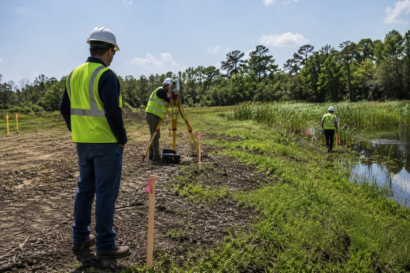 Equipo de topografía levantando linderos en terreno de desarrollo.