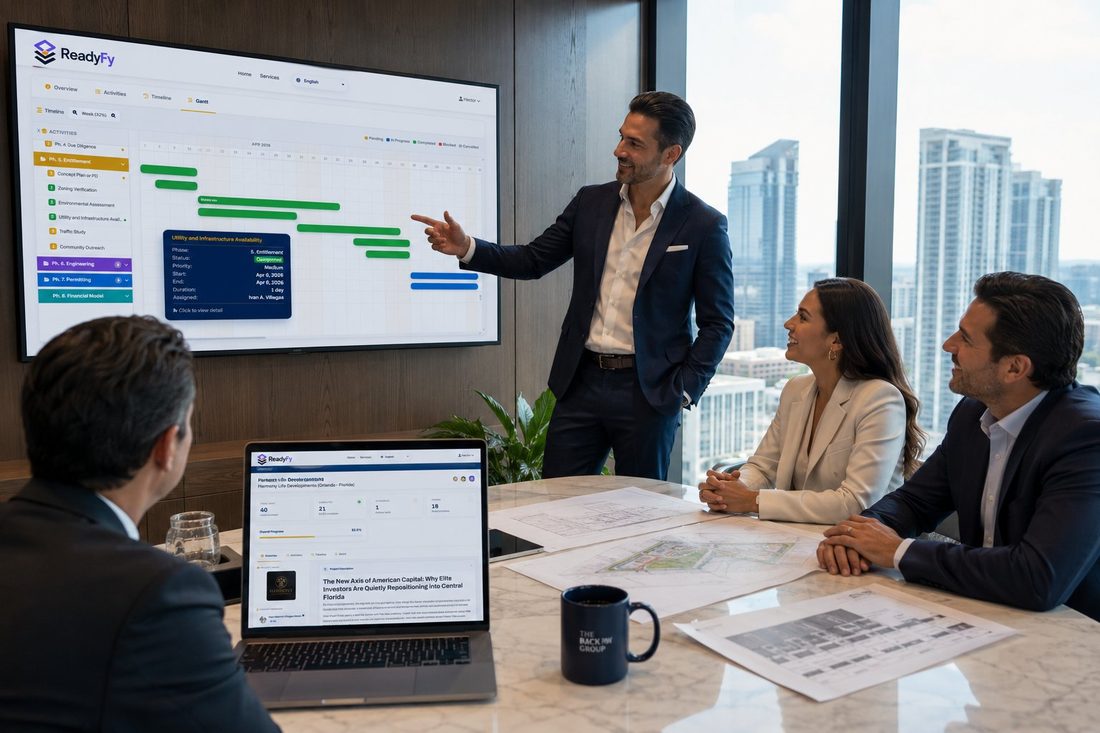 Realtor commercial presentando un listing de ReadyFy a compradores en sala de reuniones, con dashboard del proyecto en pantalla grande y planos sobre la mesa.