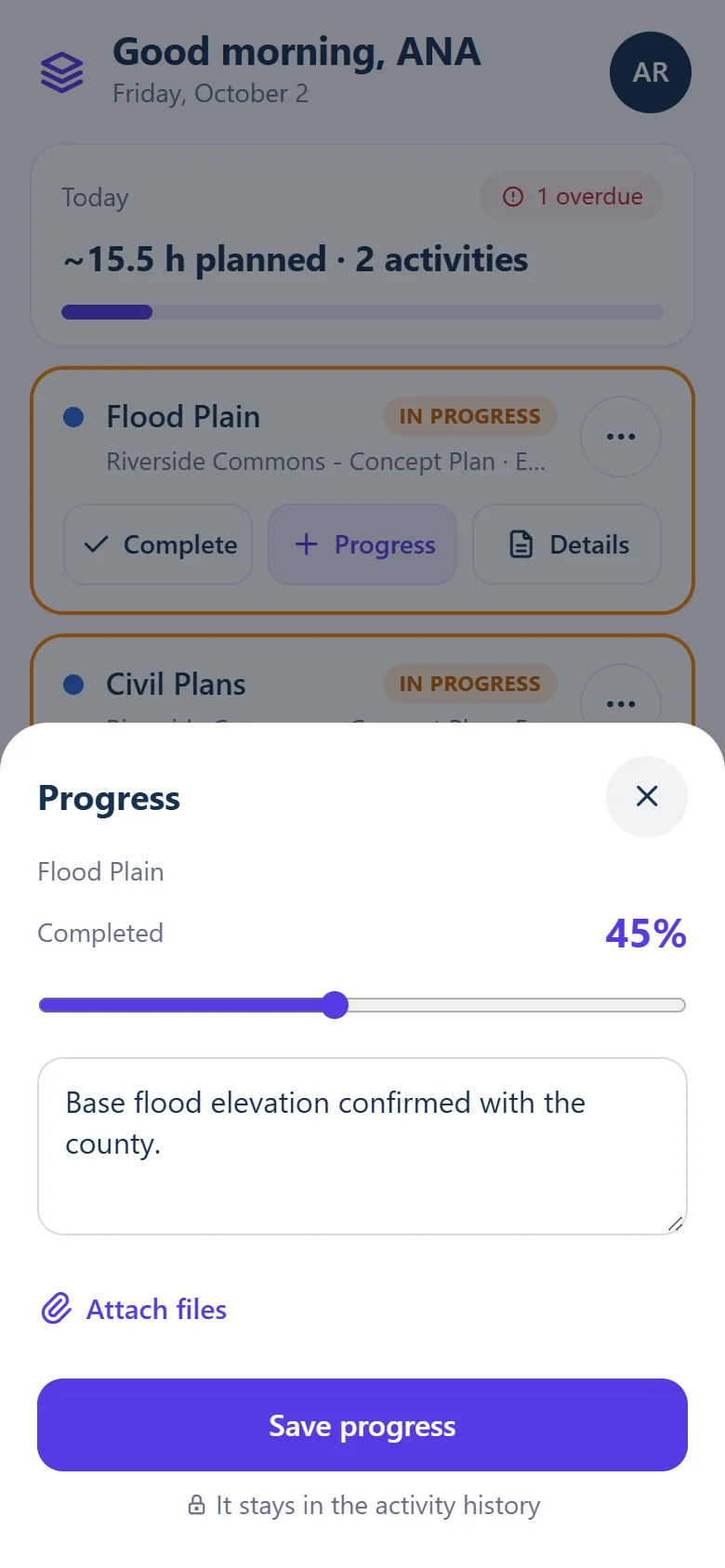 Progress sheet with a 45 percent slider, a note and Save progress