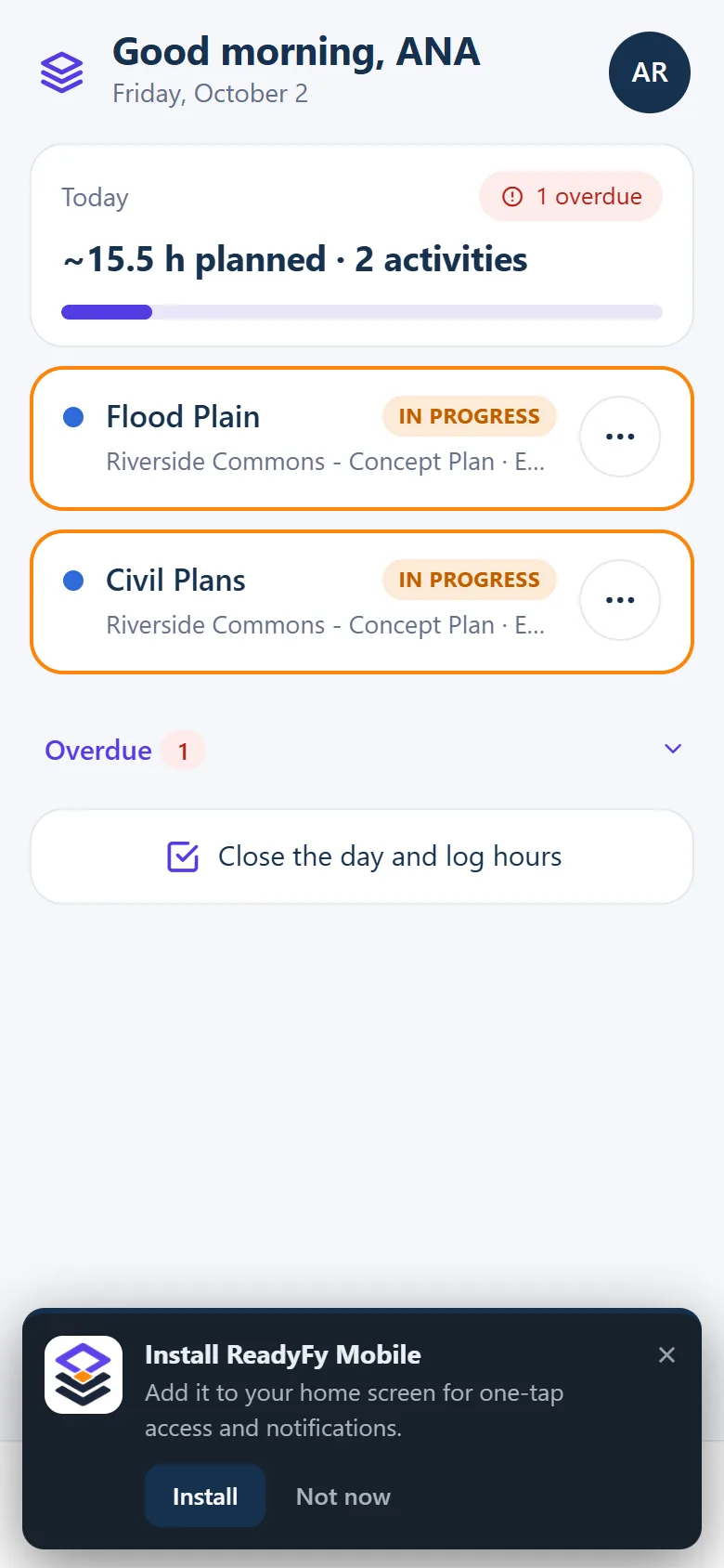 Install ReadyFy Mobile banner with Install and Not now buttons